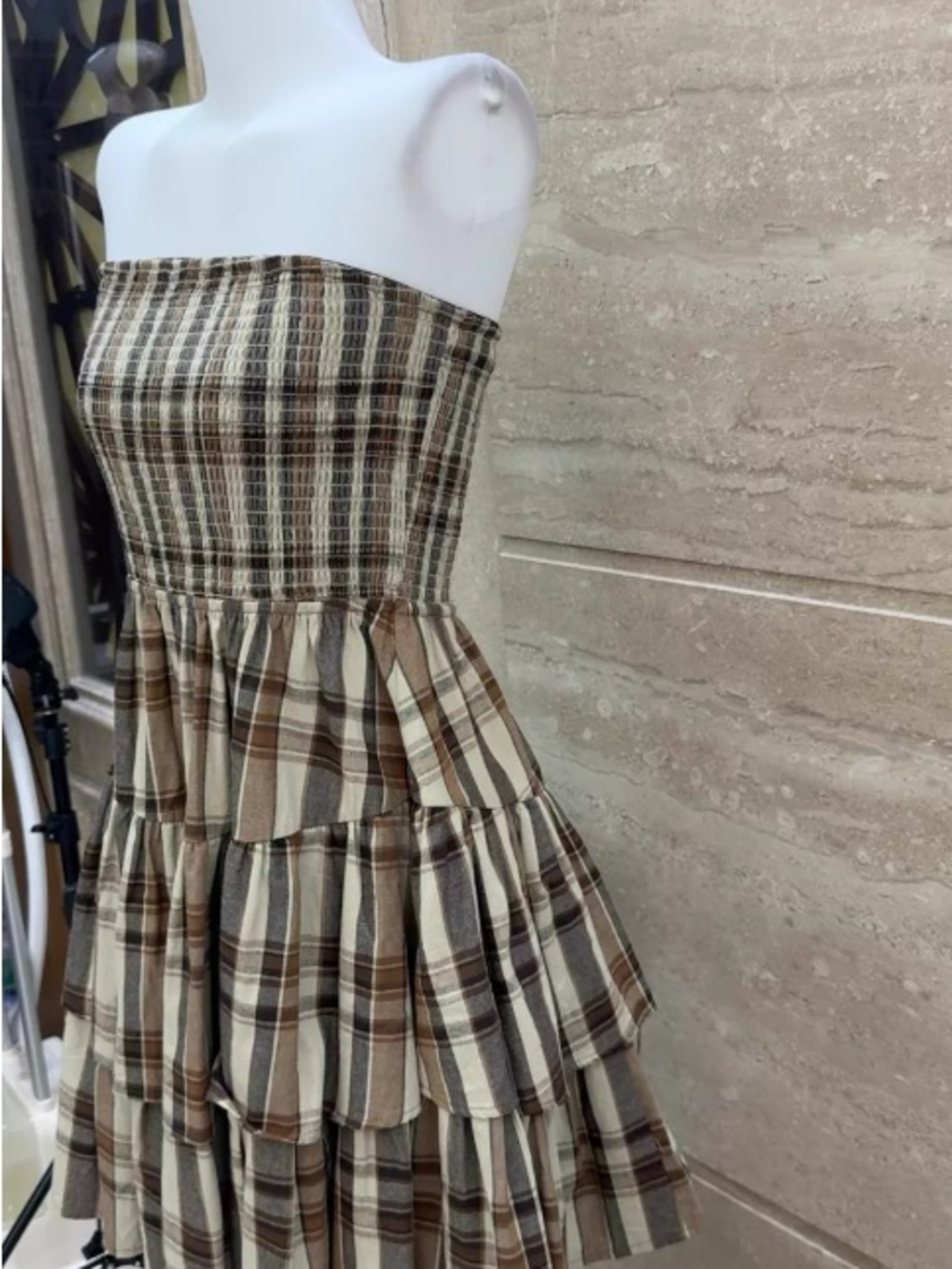 Smocked Strapless Plaid Tiered Dress - Beige & Brown - Picture 3 of 4